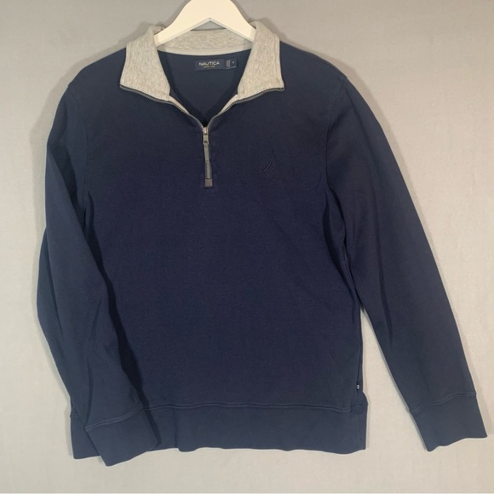 Nautica Blue Zip Up Sweater Shirt Classic Knit Design Mens Size Medium